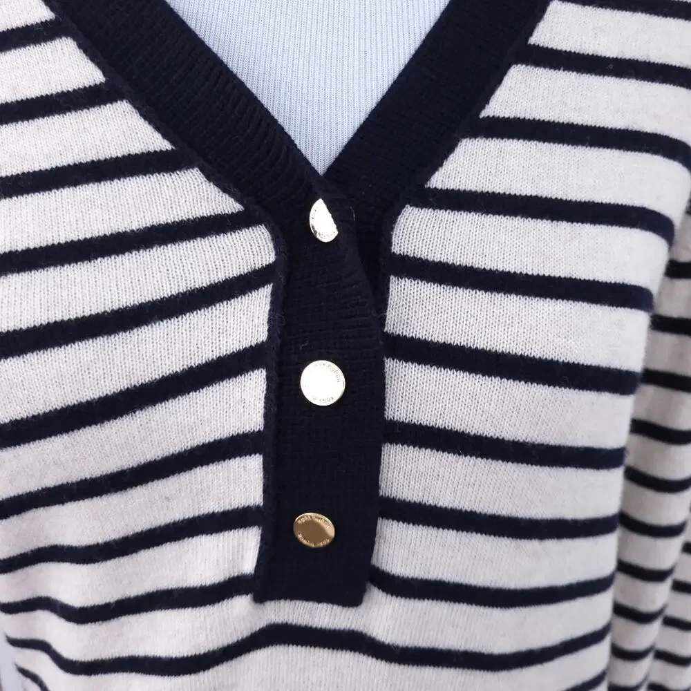 Tory Burch Striped Sweater Small Navy, Cream Wool Cashmere Model Blend, Vneck